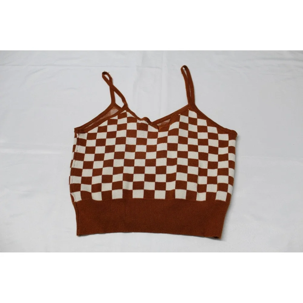 Say What? Women Rust Brown Checkered Knit Cami Top V-Neck Size M - Picture 6 of 8